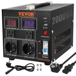 VEVOR Transformador conversor de voltagem subida/baixa 220-110 V/110-220 V conversor CE de 2000 W com 2 tomadas NEMA 5-15R de 3