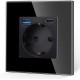 Tomada Individual Schuko com USB Preto, 16A, Vidro Temperado, Impermeável e Ignífugo