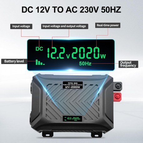 Inversor 12V para 220V-230V Onda Pura 2000W-4000W com Ecrã LCD e 2 Tomadas AC