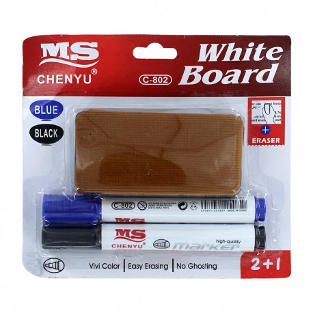 Kit com 2 Marcadores MS Chenyu e 1 Borrador para Quadro Branco - Azul e Preto