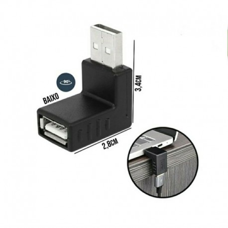 Adaptador USB 2.0  - USB A Macho Angular 90 Graus para USB A Fêmea Dourado