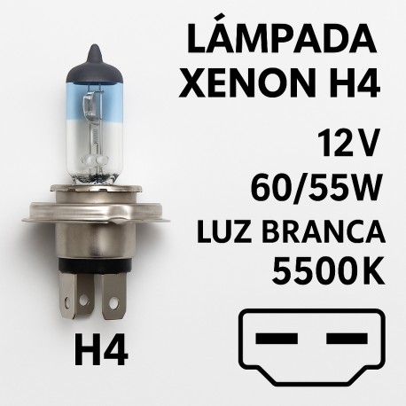 Conjunto 2 Lâmpadas Xenon H4 12V 60-55W Luz Branca 5500K para Automóvel