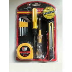 Conjunto de Ferramentas Básico com Chaves Allen, Fita PVC, X-Acto, Testador, Fita Métrica e Chave de Fendas
