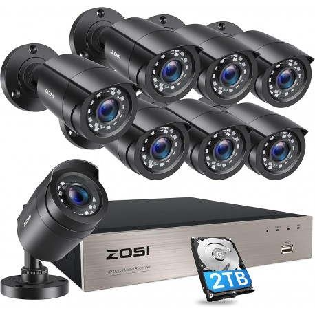 Kit de Videovigilância ZOSI 8 Câmaras 1080P com DVR 8 Canais, 2TB, Visão Noturna e Alarme de Movimento