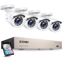 Kit Vigilância ZOSI com 4 Câmaras 1080P, DVR 8 Canais, Visão Noturna, Alerta Movimento e Disco 2TB