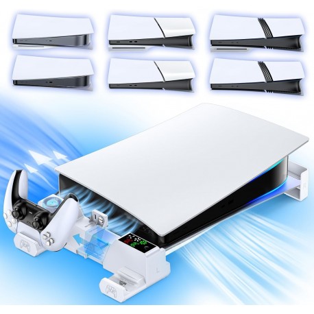 Suporte horizontal com ventilador e carregador para comandos PS5 compatível com versões Original Slim e Pro