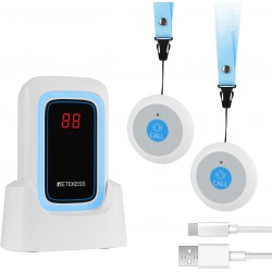 Retekess TH109S pager sem fios portátil com 2 botões de chamada e recetor recarregável para idosos cuidadores