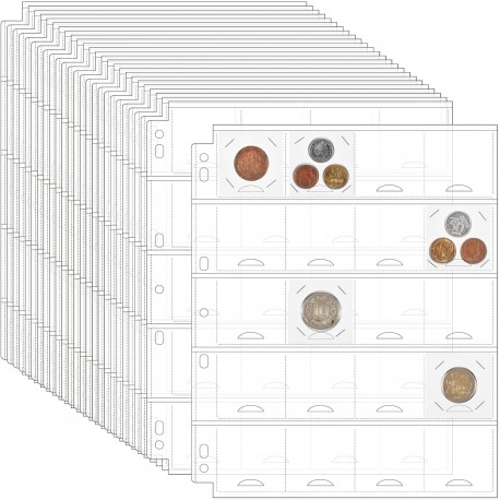 25 folhas para porta-moedas de coleção, 500 bolsos de 54 x 52 mm, compatível com flips 50 x 50 mm e pastas A4 e Letter