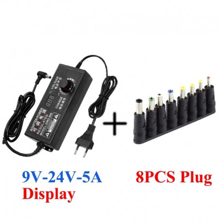 Transformador ajustável AC 220V para DC 9V a 24V 5A com display digital e 8 conectores incluídos