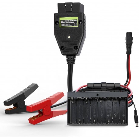 Cabo de alimentação de emergência OBD2 E60 com pinças e suporte para 8 pilhas AA, 12 volts