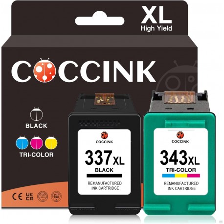 Pack 2 Cartuchos Refabricados HP 337XL Preto e 343XL Tricolor Compatíveis com Deskjet Officejet Photosmart