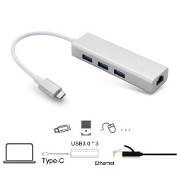 Adaptador USB Tipo C para Rede LAN Ethernet RJ45 com HUB 3x Portas USB OTG