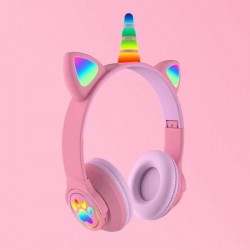 Fones/Headphones Bluetooth de Unicórnio/Cat/Gato Com Luz LED RGB - Rosa