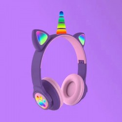 Fones/Headphones Bluetooth de Unicórnio/Cat/Gato Com Luz LED RGB - Lilás