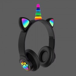 Fones/Headphones Bluetooth de Unicórnio/Cat/Gato Com Luz LED RGB - Preto
