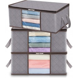 Conjunto de 3 Caixas de Armazenamento Dobr&aacute;veis com Al&ccedil;a Refor&ccedil;ada - 35L Cada, Cor Cinzento