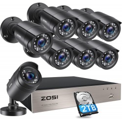 Kit de Videovigilância ZOSI 8 Câmaras 1080P com DVR 8 Canais, 2TB, Visão Noturna e Alarme de Movimento
