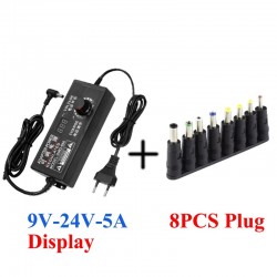 Transformador ajustável AC 220V para DC 9V a 24V 5A com display digital e 8 conectores incluídos